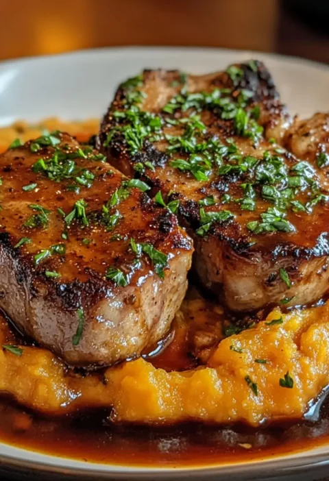 Apfelwein Schweinefleisch mit Püree aus Süßkartoffeln Rezept