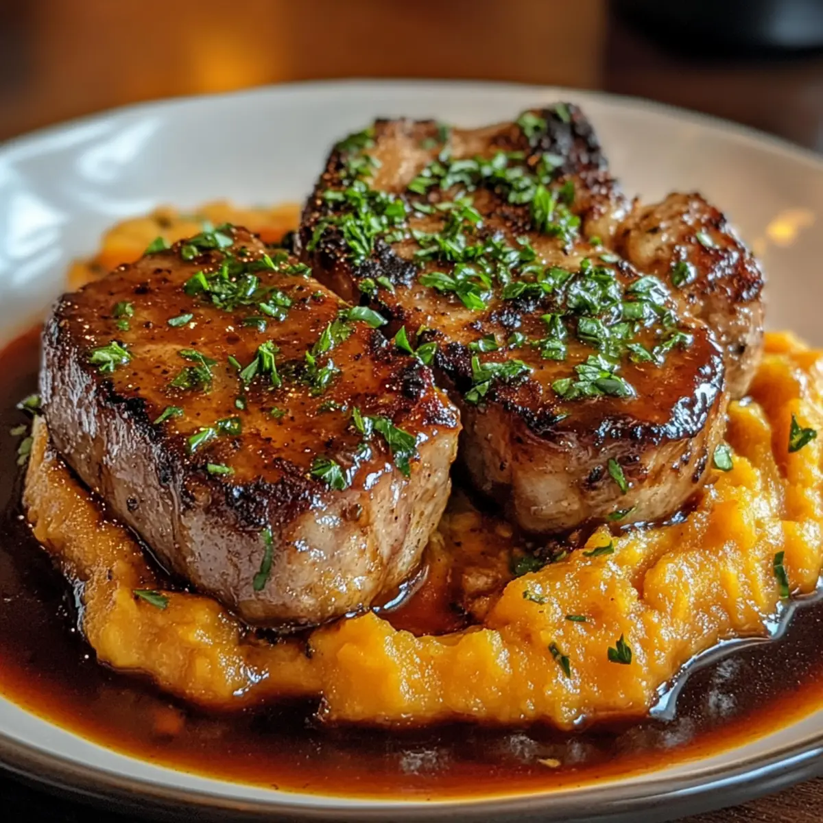 Apfelwein Schweinefleisch mit Püree aus Süßkartoffeln Rezept