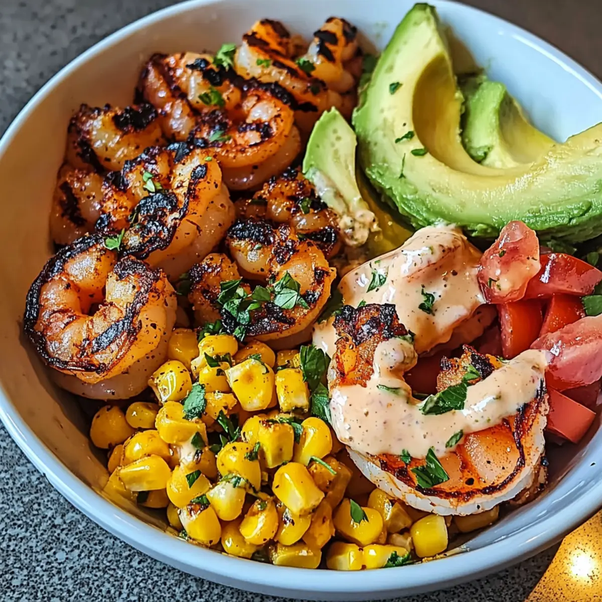Gegrillte Garnelen Bowl mit Avocado Mais o07zd2