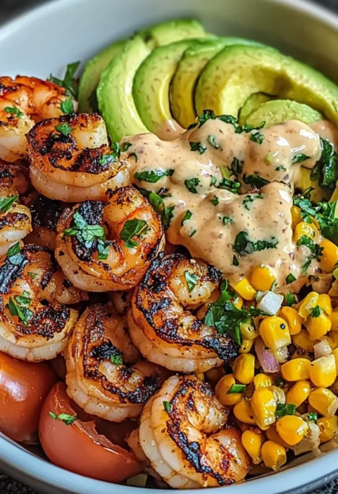 Gegrillte Garnelen Bowl mit Avocado und Mais