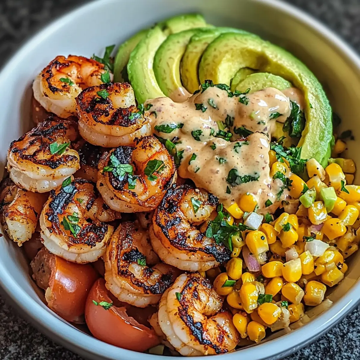 Gegrillte Garnelen Bowl mit Avocado und Mais