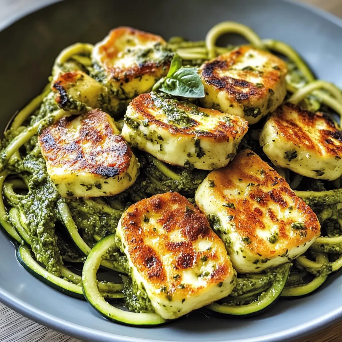 Halloumi mit Zucchini-Pesto-Nudeln