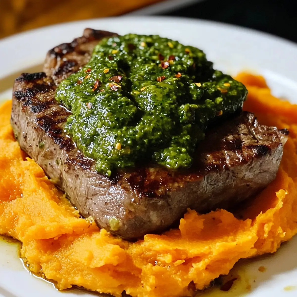 Steak with Green Sauce and Mashed Sweet Potatoes elz63b