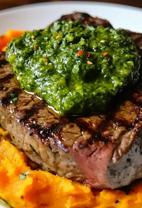 Steak mit grüner Soße und pürierten Süßkartoffeln