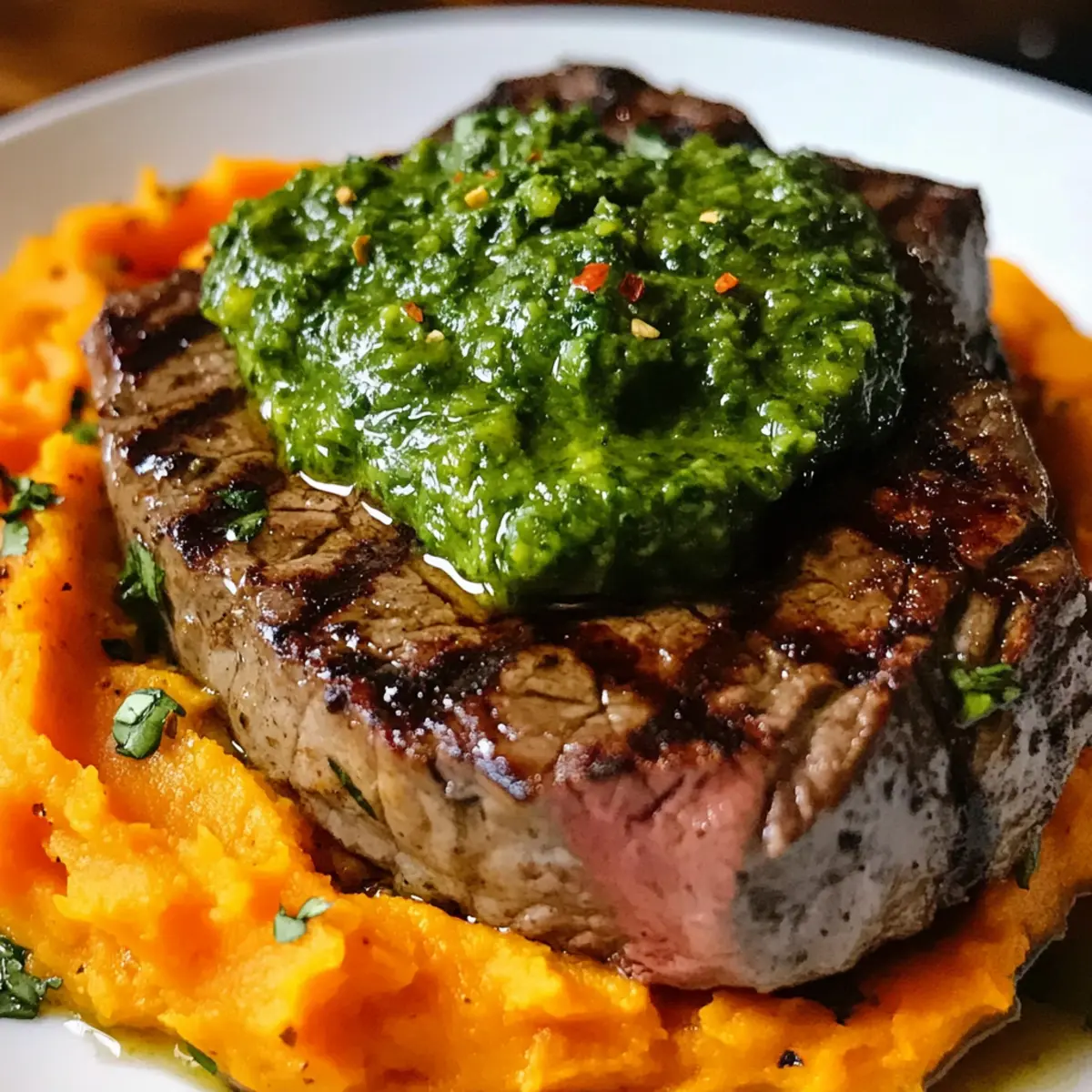 Steak mit grüner Soße und pürierten Süßkartoffeln