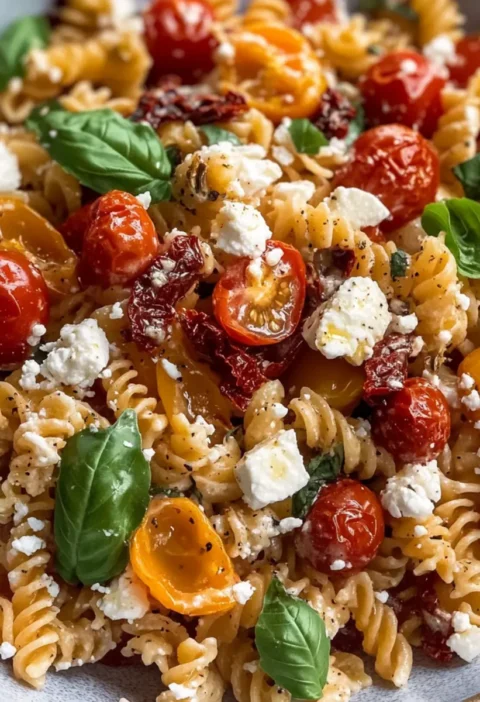 Méditerranéen Nudelsalat mit Tomatendressing für den Sommer