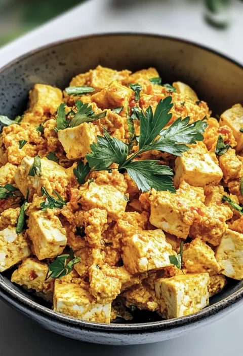 Scharfes veganes Tofu-Rührei Rezept für jeden Morgen