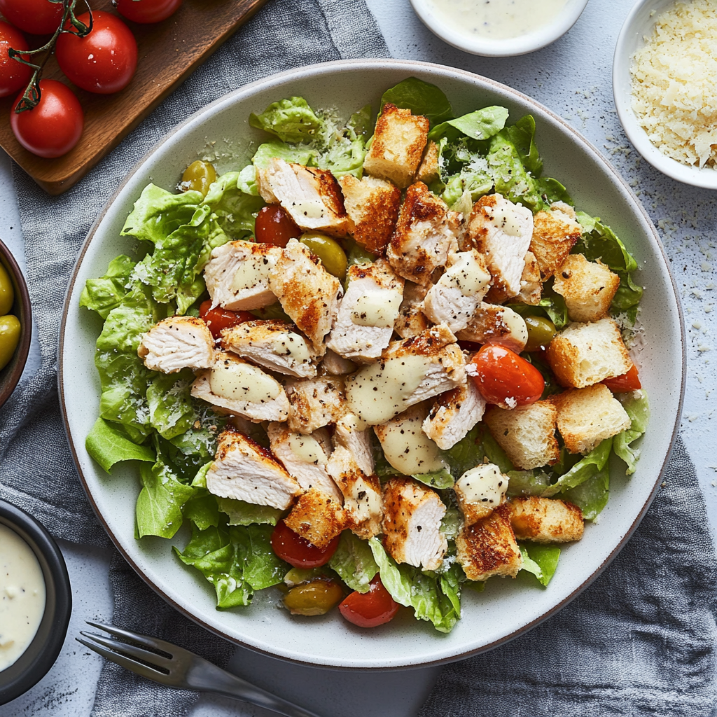 Hühnchen Caesar Salat mit hausgemachtem Dressing 2 Hühnchen Caesar Salat mit hausgemachtem Dressing