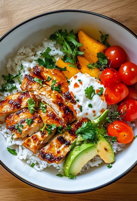 Bowl mit Hähnchen und Reis für frische Abendessen