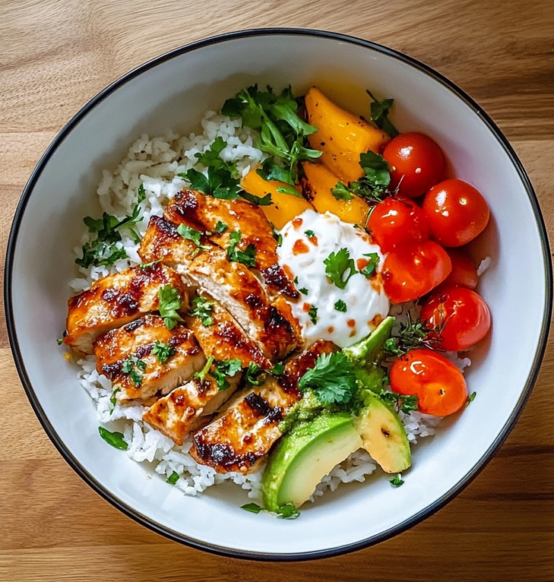 Bowl mit Hähnchen und Reis für frische Abendessen