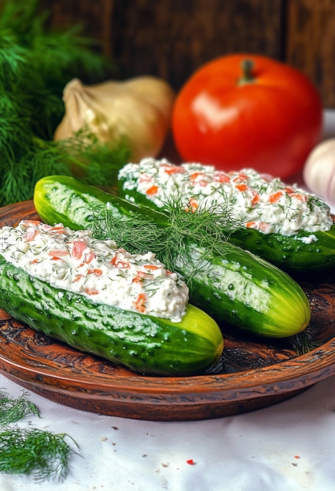 Frische Gefüllte Gurkenboote mit Hüttenkäse als Snack