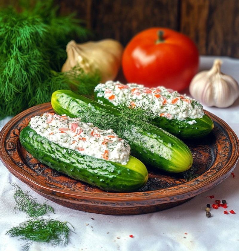 Frische Gefüllte Gurkenboote mit Hüttenkäse als Snack 5 Frische Gefüllte Gurkenboote mit Hüttenkäse als Snack