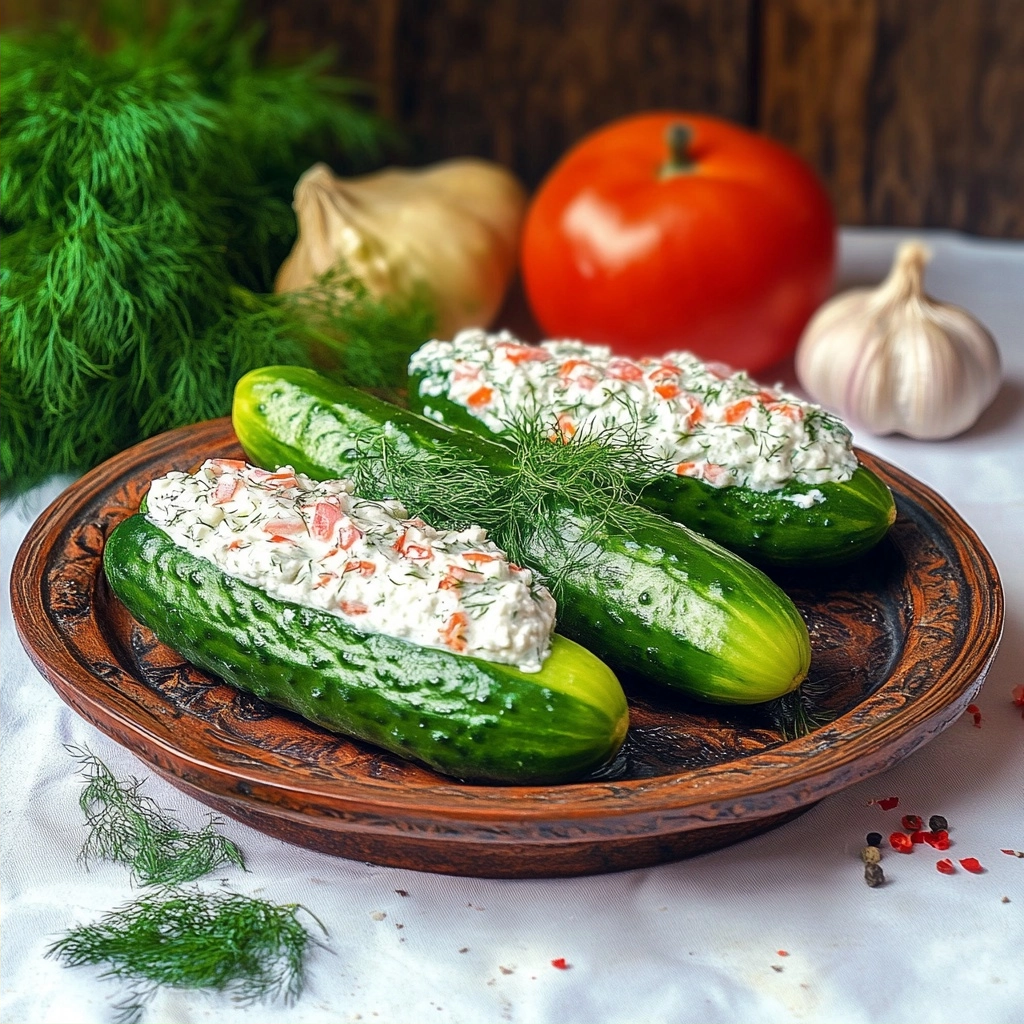 Frische Gefüllte Gurkenboote mit Hüttenkäse als Snack 2 Frische Gefüllte Gurkenboote mit Hüttenkäse als Snack